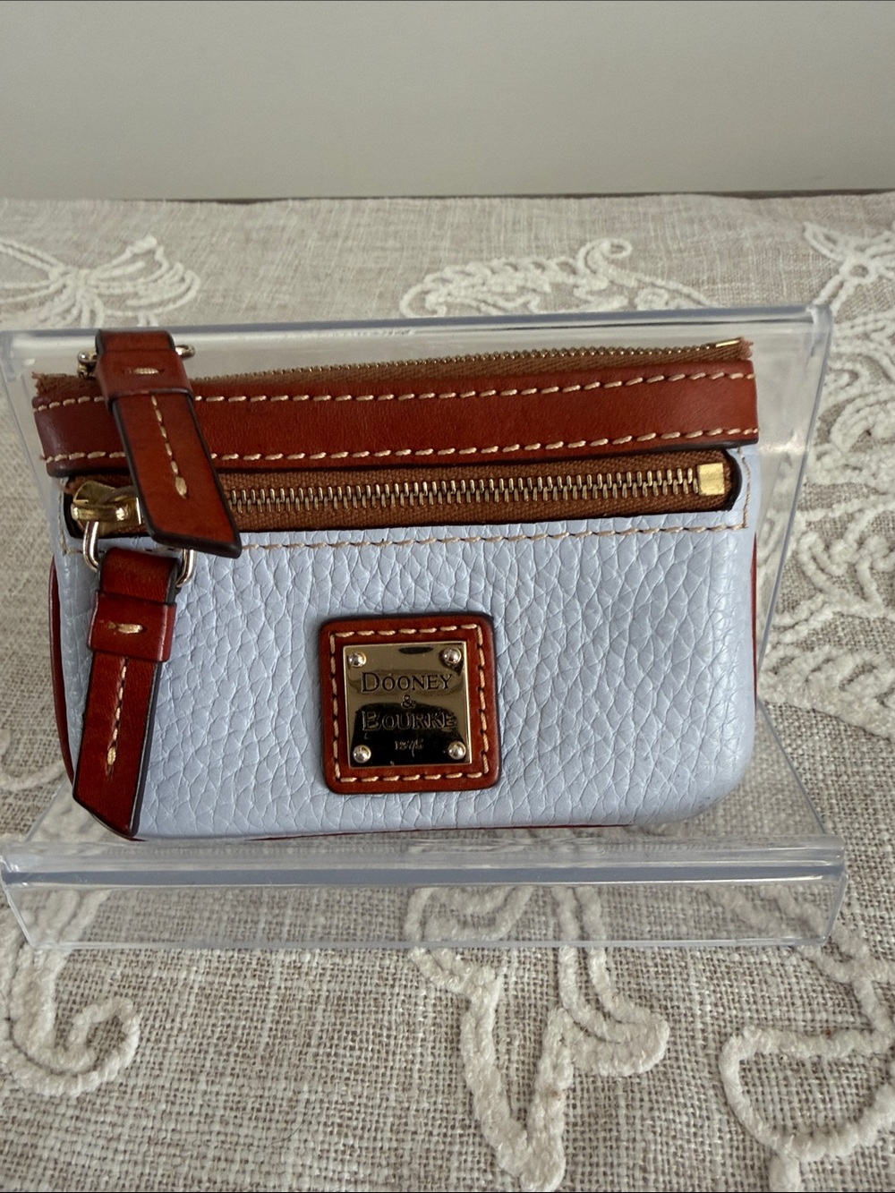Dooney & Bourke Glacier Blue Pebbled Leather with Brown Leather Trim Coin Case